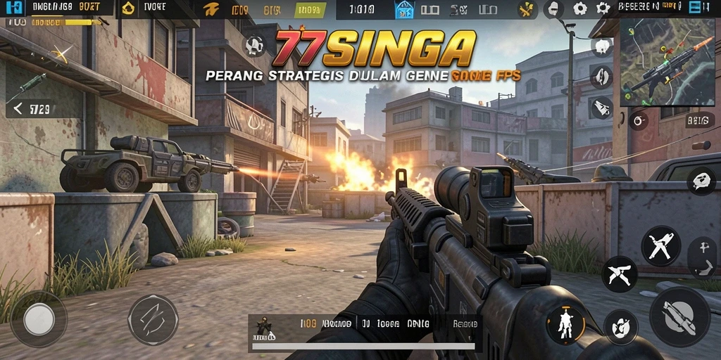 Screenshot gameplay 77SINGA menampilkan aksi pertempuran FPS yang intens.