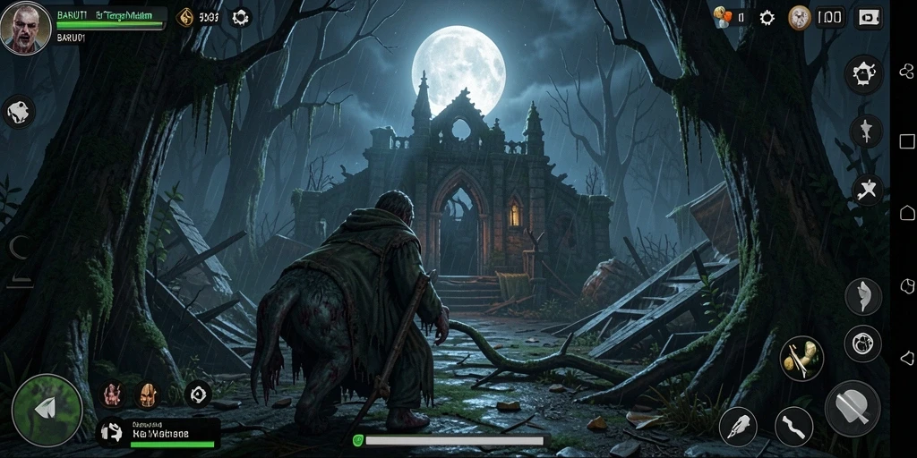Screenshot menampilkan gameplay menegangkan BARU01 yang penuh kegelapan.