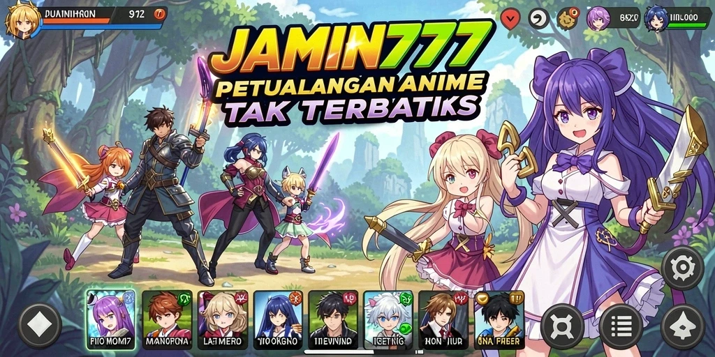 Screenshot dari gameplay JAMIN777 menunjukkan karakter anime beraksi di dunia penuh warna.