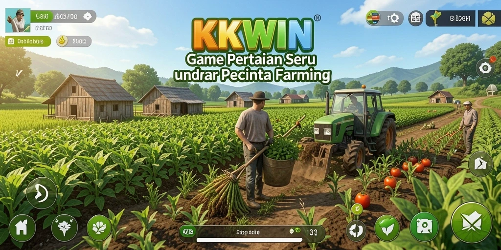 Tampilan gameplay KKWIN dengan ladang pertanian yang subur dan aktivitas petani.