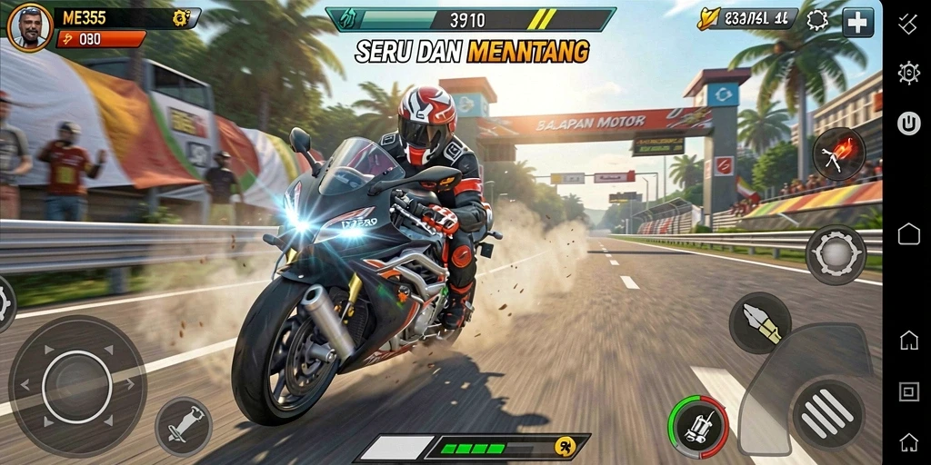 Tampilan gameplay balapan motor yang seru dan menegangkan.