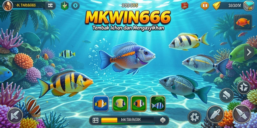 Screenshot permainan <strong>MKWIN666</strong> yang menunjukkan serunya menembak ikan di lautan.