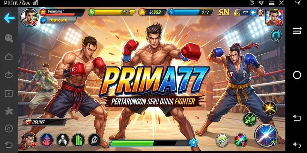 Screenshot utama PRIMA77 menampilkan aksi pertarungan yang mendebarkan.