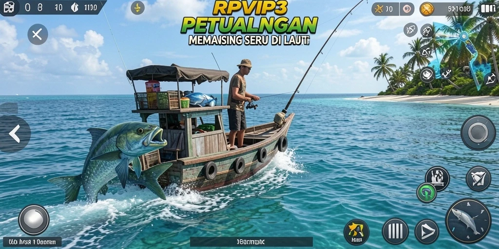Tampilan gameplay memancing di RPVIP3 yang mendebarkan dan penuh warna.