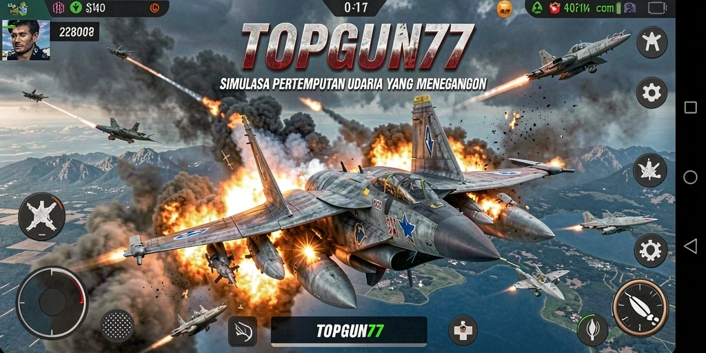 Tangkapan layar gameplay TOPGUN77 menampilkan pesawat tempur dalam aksi.